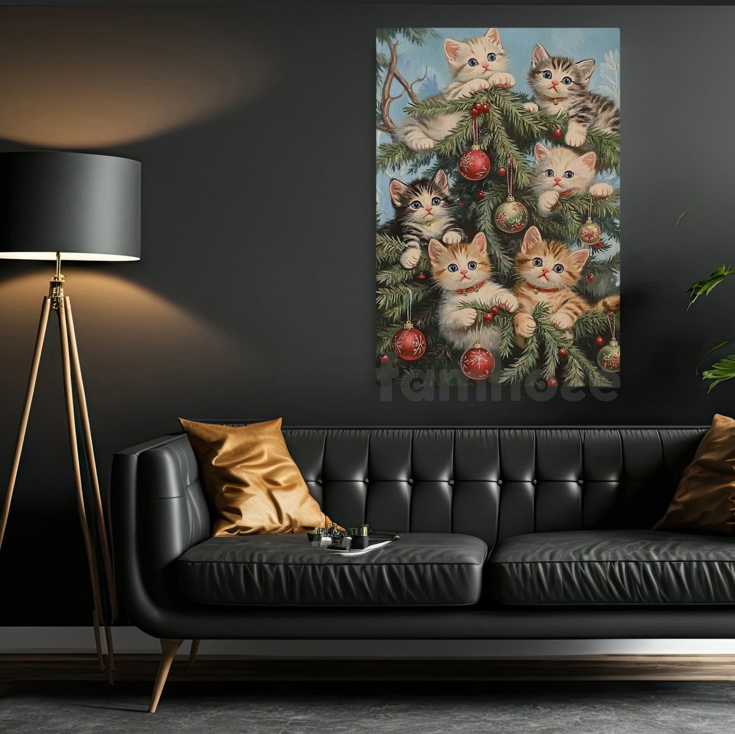 Cute Christmas Cat Canvas Painting, Curious Kittens And Ornaments Wall Art Decor Xmas Poster Gift For Cat Lovers