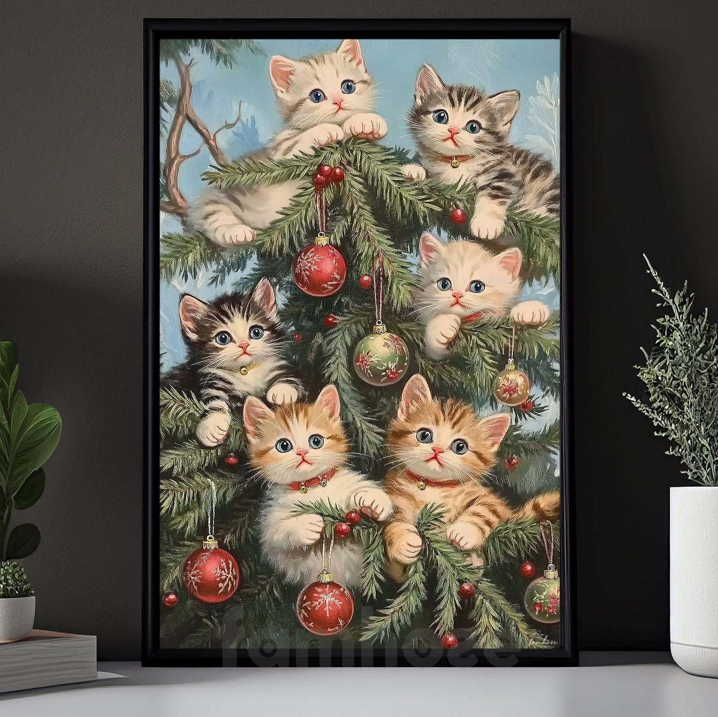 Cute Christmas Cat Canvas Painting, Curious Kittens And Ornaments Wall Art Decor Xmas Poster Gift For Cat Lovers