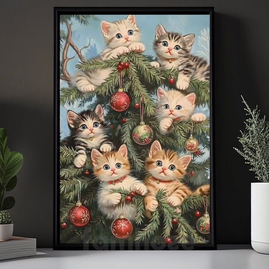 Cute Christmas Cat Canvas Painting, Curious Kittens And Ornaments Wall Art Decor Xmas Poster Gift For Cat Lovers