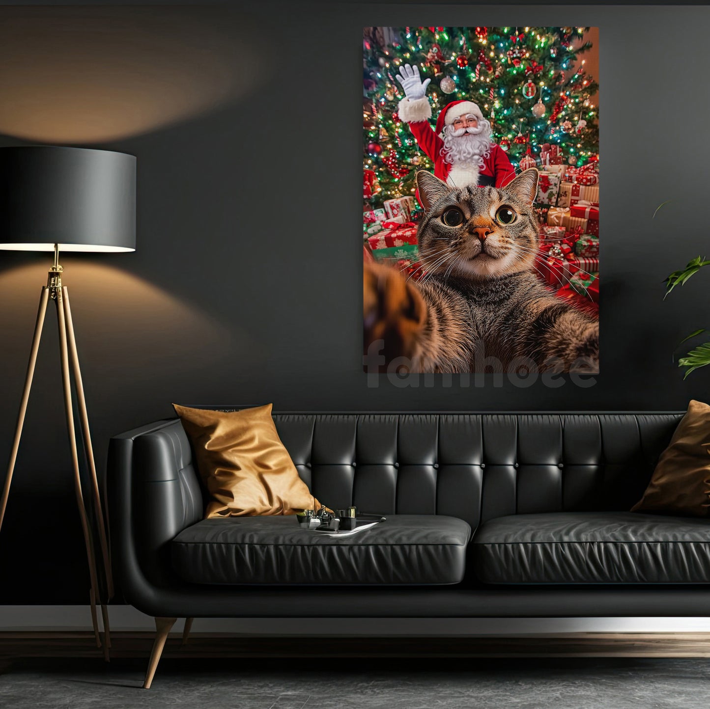 Funny Christmas Cat Canvas Painting, Cat Selfie With Santa Claus Wall Art Decor Xmas Poster Gift For Cat Lovers