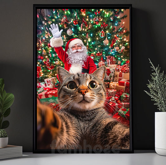Funny Christmas Cat Canvas Painting, Cat Selfie With Santa Claus Wall Art Decor Xmas Poster Gift For Cat Lovers