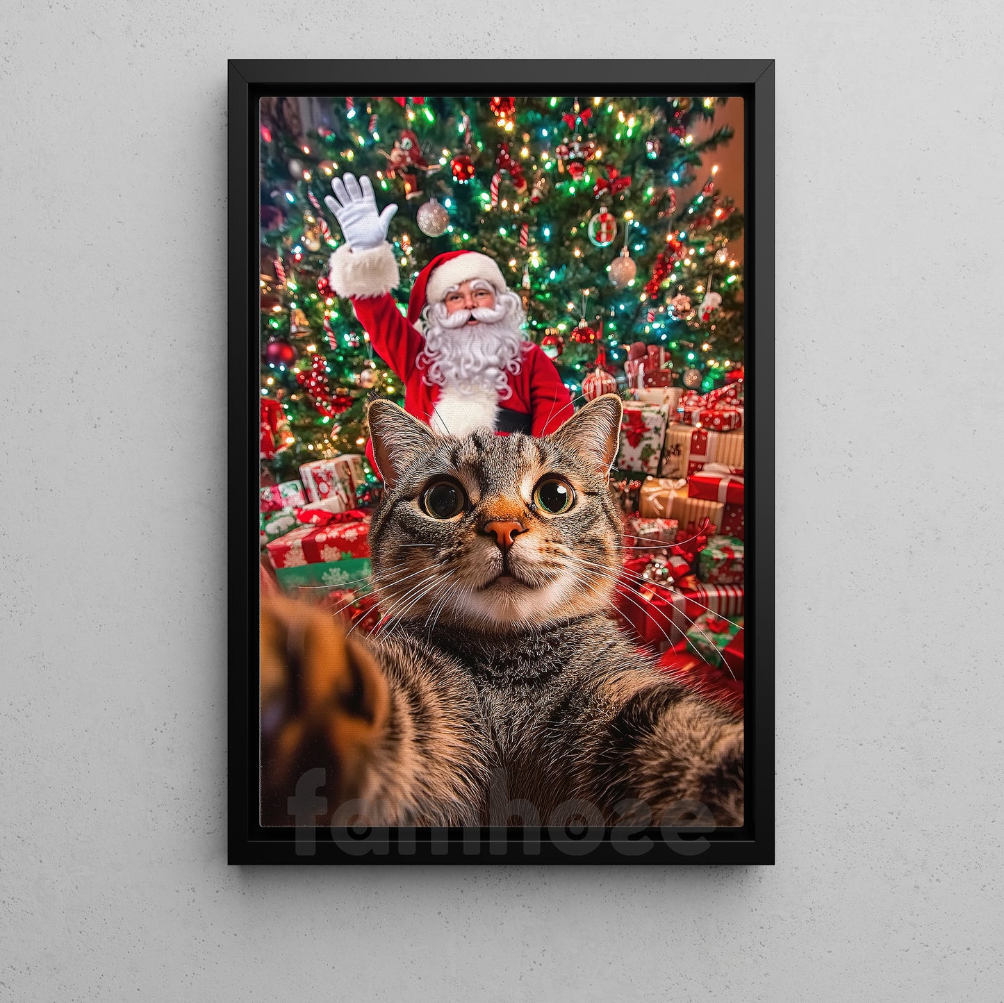 Funny Christmas Cat Canvas Painting, Cat Selfie With Santa Claus Wall Art Decor Xmas Poster Gift For Cat Lovers