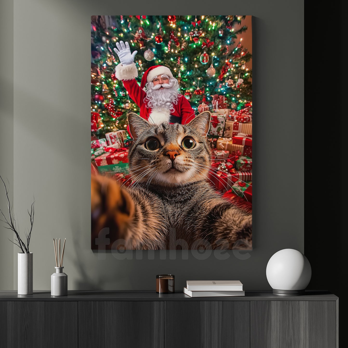 Funny Christmas Cat Canvas Painting, Cat Selfie With Santa Claus Wall Art Decor Xmas Poster Gift For Cat Lovers