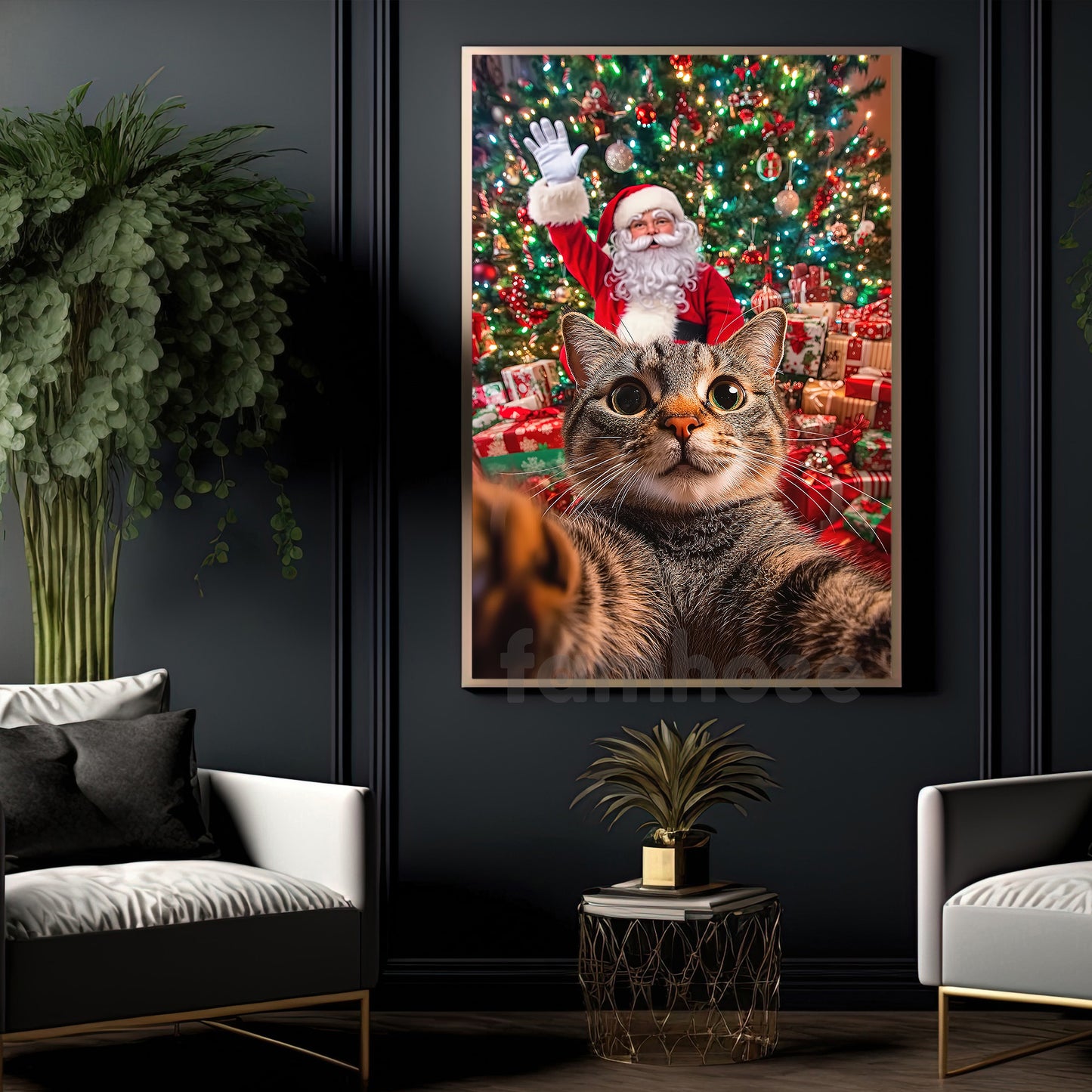Funny Christmas Cat Canvas Painting, Cat Selfie With Santa Claus Wall Art Decor Xmas Poster Gift For Cat Lovers