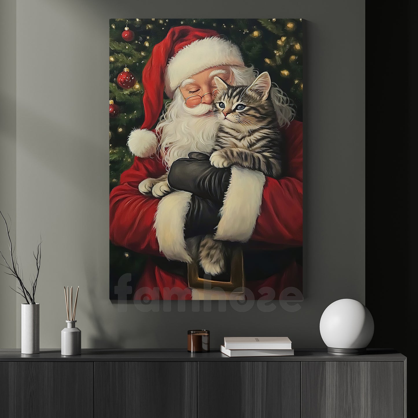 Christmas Cat Canvas Painting, Santa Loving His Cat Wall Art Decor, Xmas Poster Gift For Cat Lovers