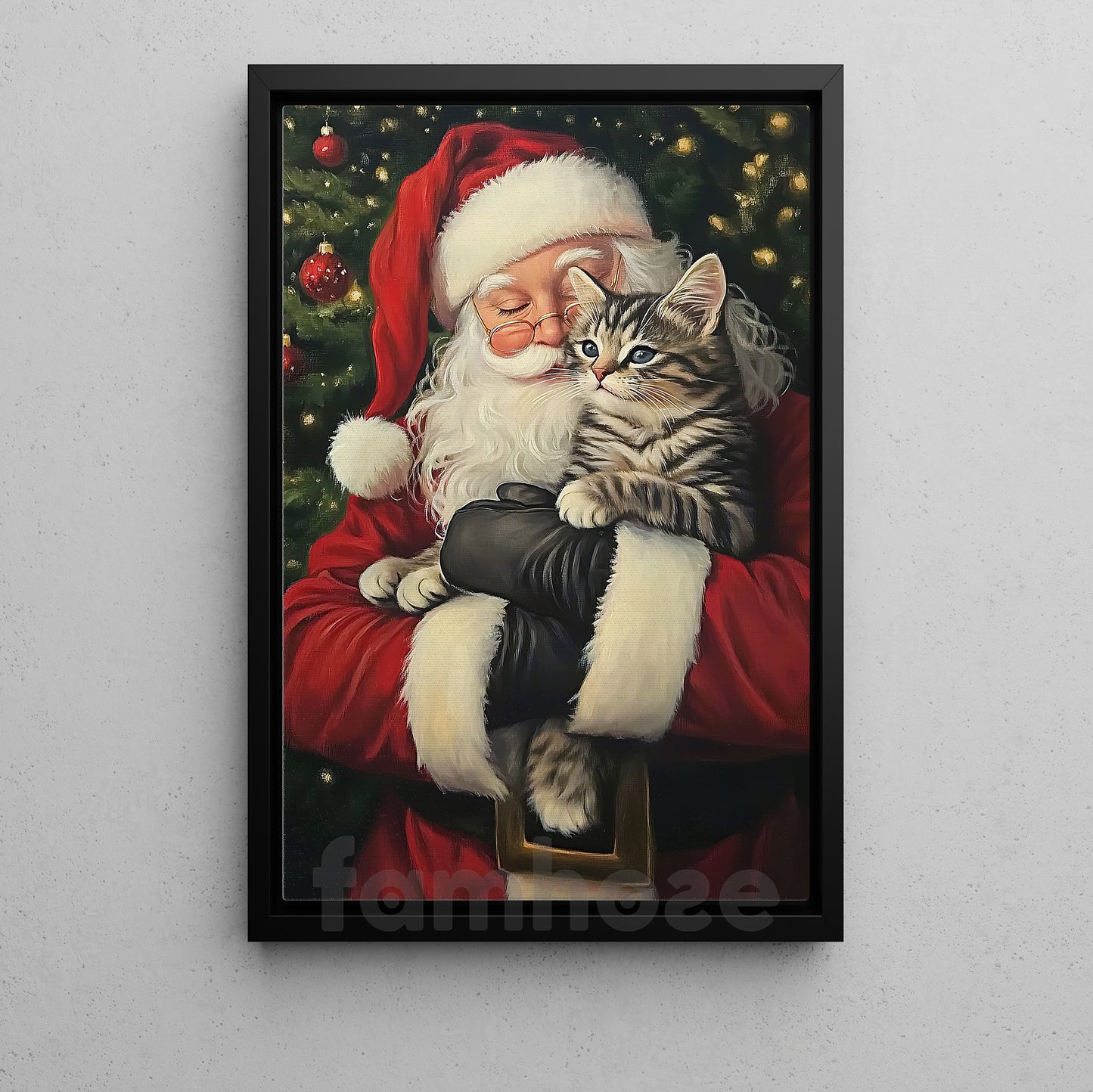 Christmas Cat Canvas Painting, Santa Loving His Cat Wall Art Decor, Xmas Poster Gift For Cat Lovers