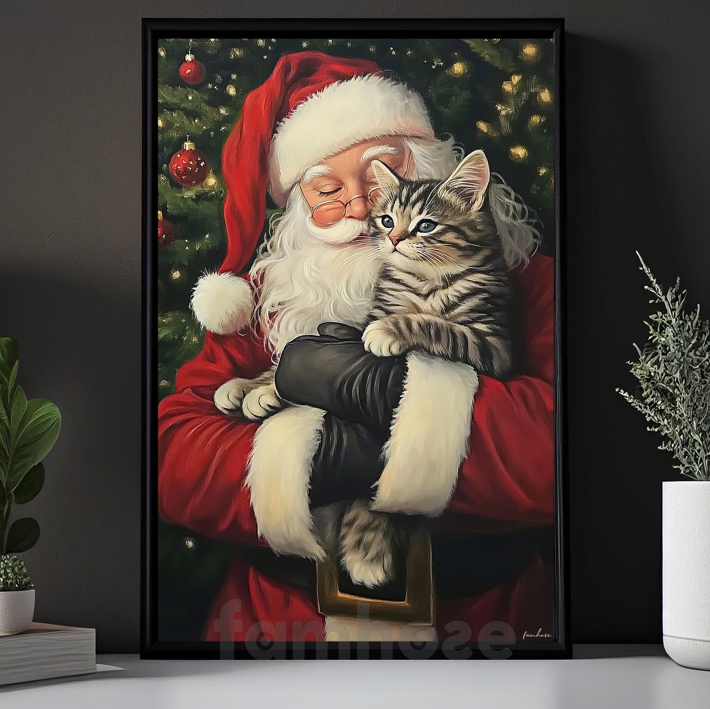 Christmas Cat Canvas Painting, Santa Loving His Cat Wall Art Decor, Xmas Poster Gift For Cat Lovers