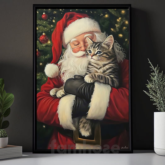 Christmas Cat Canvas Painting, Santa Loving His Cat Wall Art Decor, Xmas Poster Gift For Cat Lovers