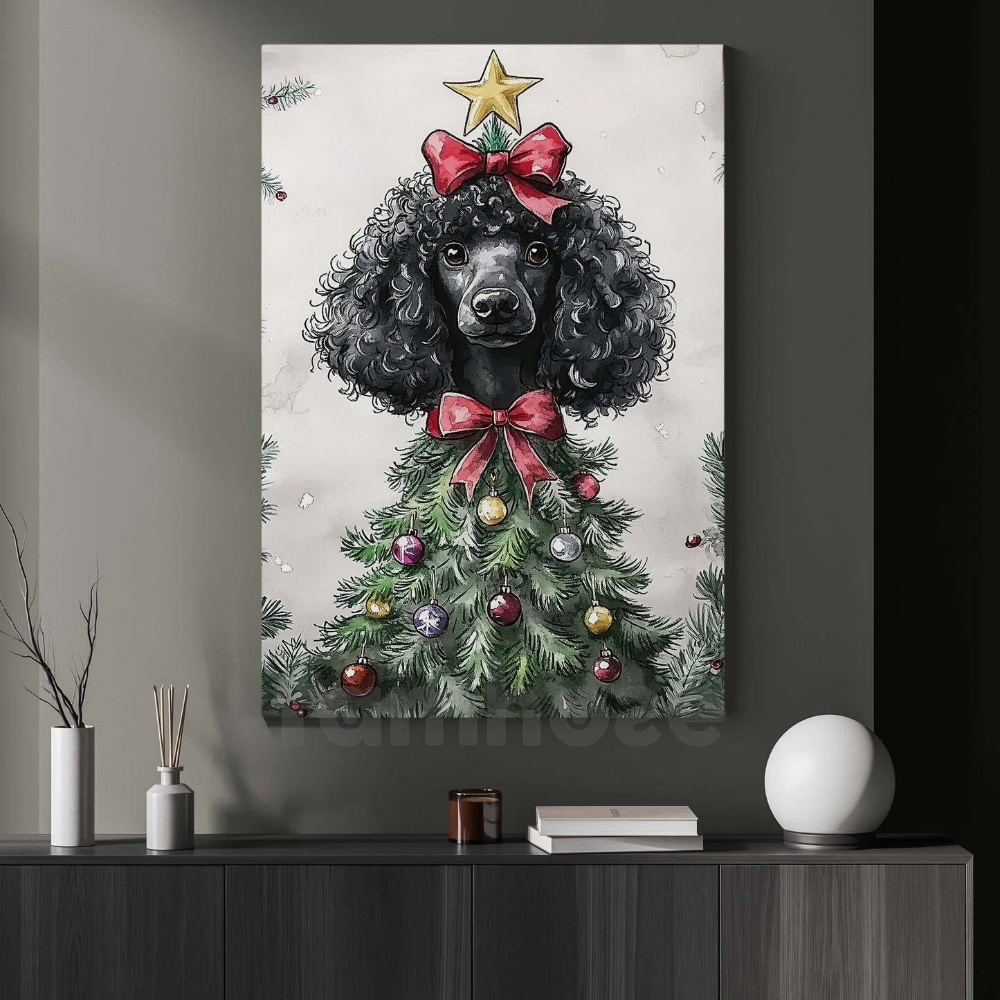 Funny Christmas Poodle Canvas Painting, Poodle Christmas Tree Wall Art Decor, Xmas Poster Gift For Dog Lovers