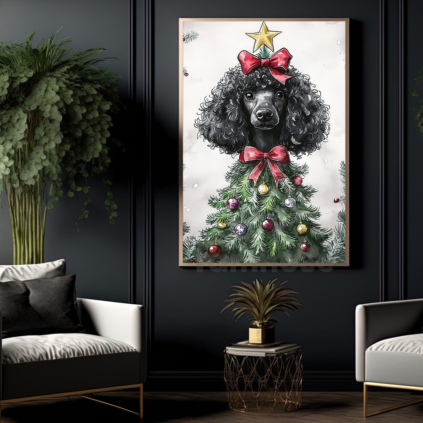 Funny Christmas Poodle Canvas Painting, Poodle Christmas Tree Wall Art Decor, Xmas Poster Gift For Dog Lovers