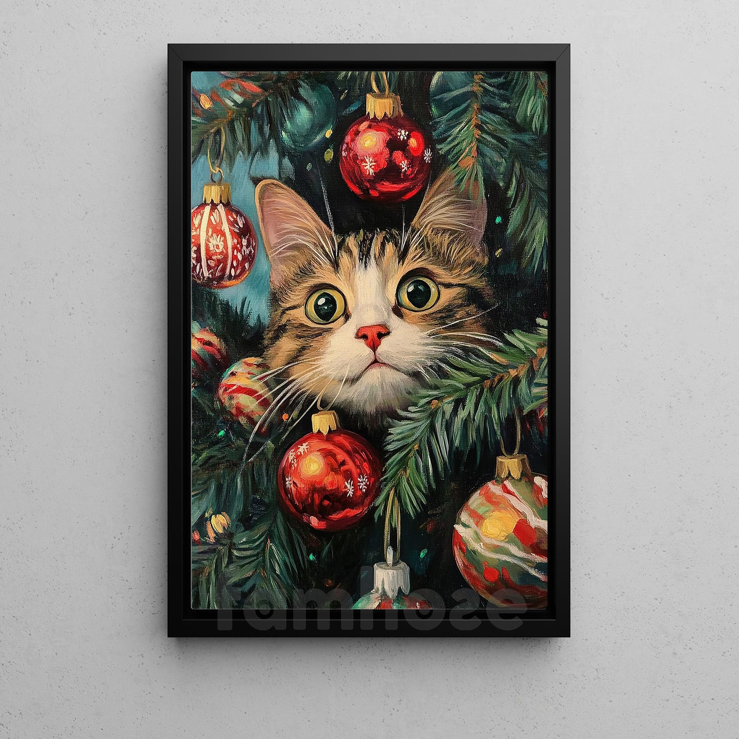 Funny Christmas Cat Canvas Painting, Curious Kitty In Tree Wall Art Decor Xmas Poster Gift For Cat Lovers