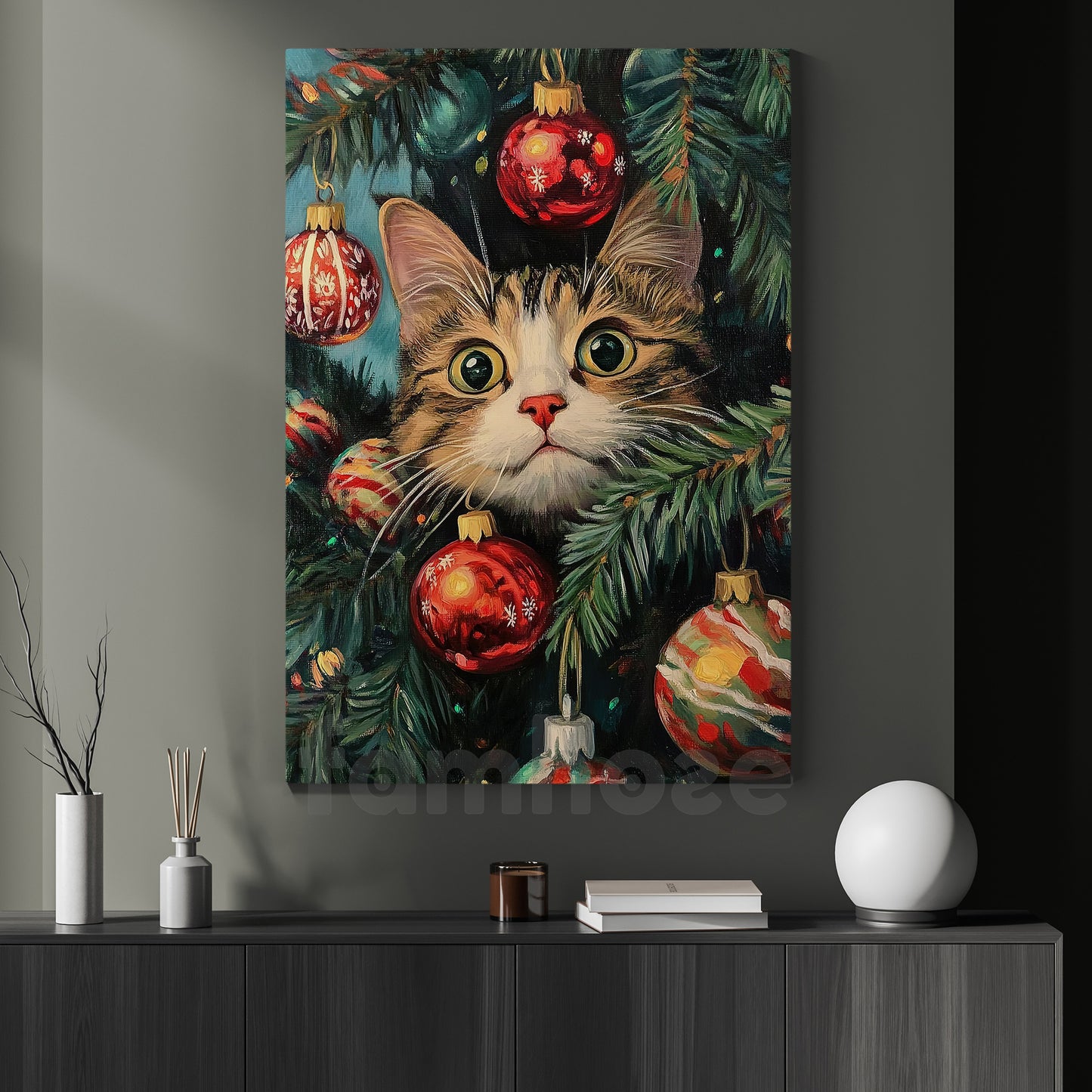 Funny Christmas Cat Canvas Painting, Curious Kitty In Tree Wall Art Decor Xmas Poster Gift For Cat Lovers