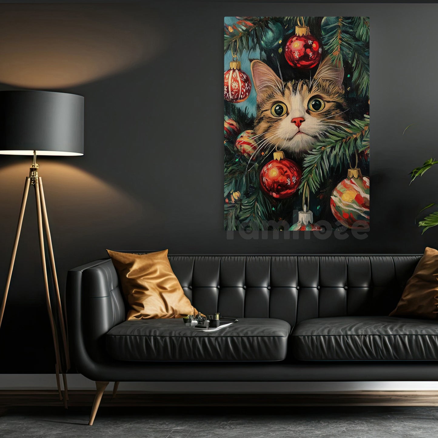 Funny Christmas Cat Canvas Painting, Curious Kitty In Tree Wall Art Decor Xmas Poster Gift For Cat Lovers