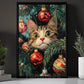 Funny Christmas Cat Canvas Painting, Curious Kitty In Tree Wall Art Decor Xmas Poster Gift For Cat Lovers
