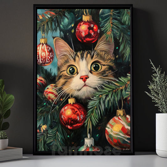 Funny Christmas Cat Canvas Painting, Curious Kitty In Tree Wall Art Decor Xmas Poster Gift For Cat Lovers