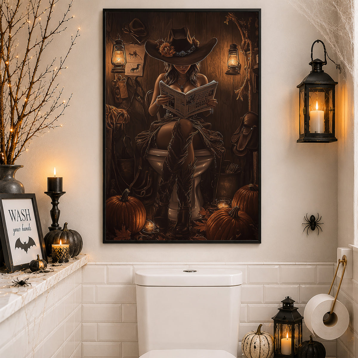 Thanksgiving Toilet Cowgirl Canvas Painting, Witchin’ Time Out Bathroom Wall Art Decor, Thankful Restroom Poster Gift For Cowgirls