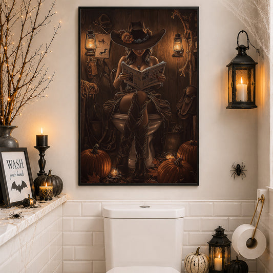 Thanksgiving Toilet Cowgirl Canvas Painting, Witchin’ Time Out Bathroom Wall Art Decor, Thankful Restroom Poster Gift For Cowgirls
