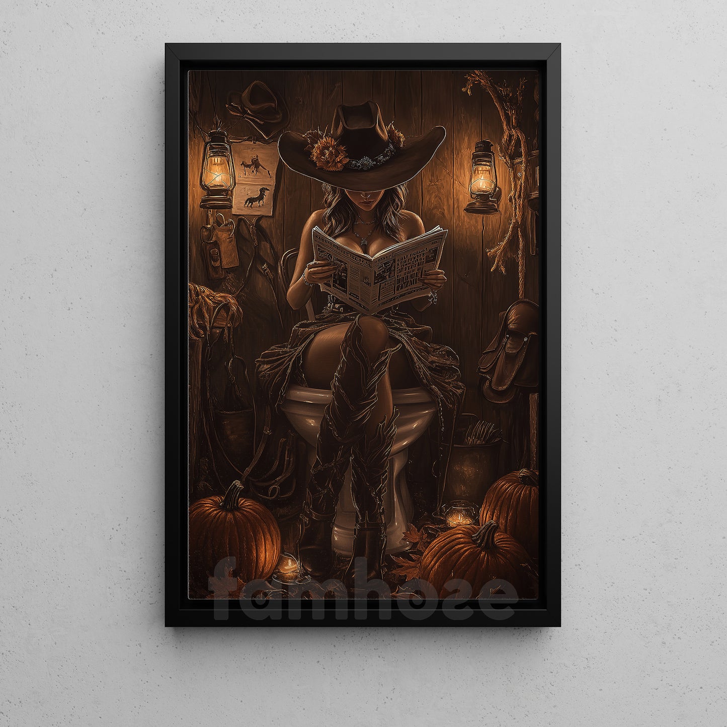 Thanksgiving Toilet Cowgirl Canvas Painting, Witchin’ Time Out Bathroom Wall Art Decor, Thankful Restroom Poster Gift For Cowgirls