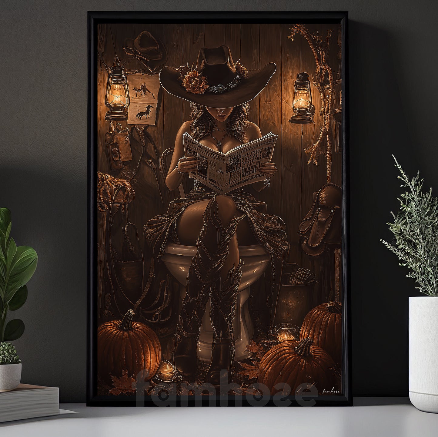 Thanksgiving Toilet Cowgirl Canvas Painting, Witchin’ Time Out Bathroom Wall Art Decor, Thankful Restroom Poster Gift For Cowgirls