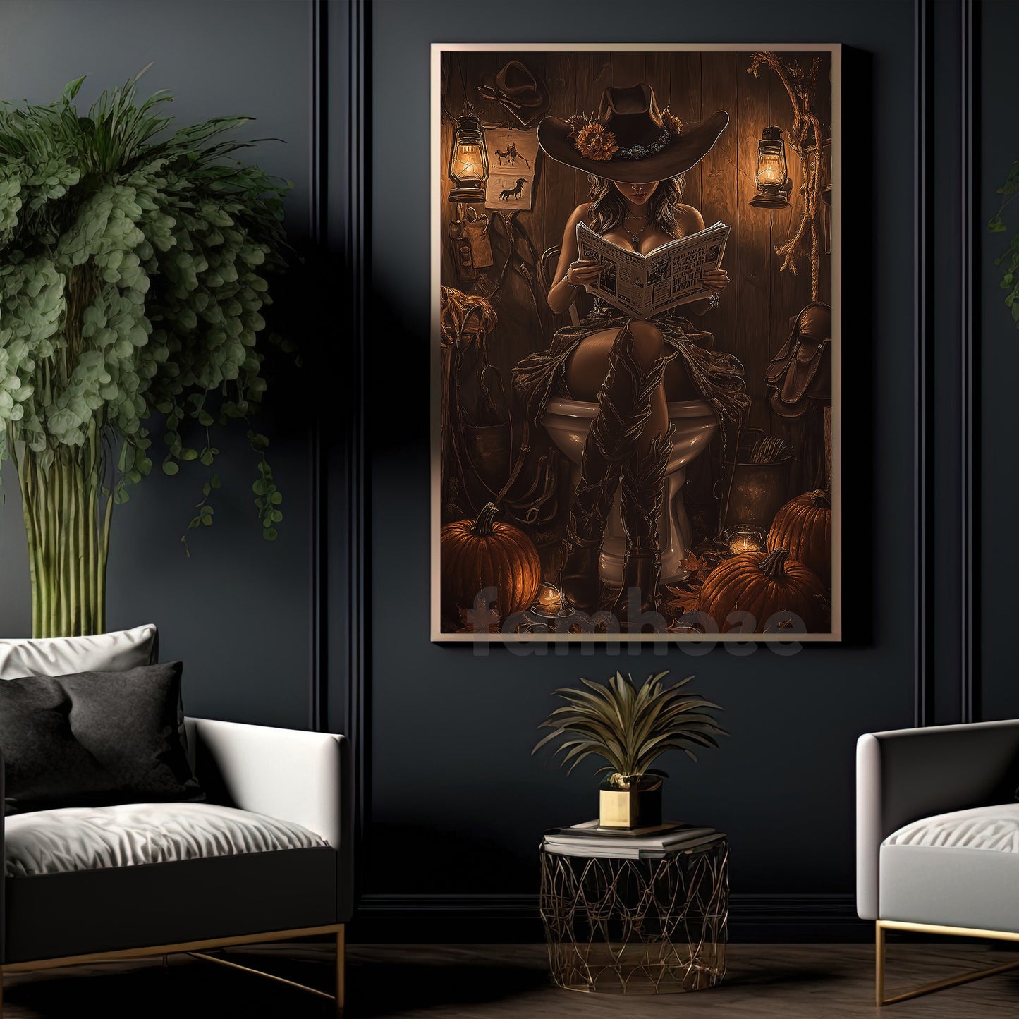 Thanksgiving Toilet Cowgirl Canvas Painting, Witchin’ Time Out Bathroom Wall Art Decor, Thankful Restroom Poster Gift For Cowgirls