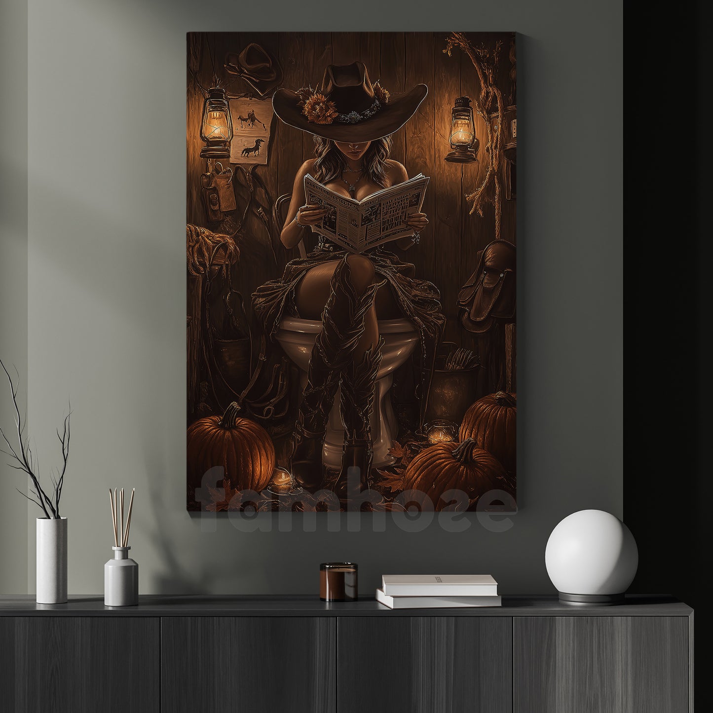 Thanksgiving Toilet Cowgirl Canvas Painting, Witchin’ Time Out Bathroom Wall Art Decor, Thankful Restroom Poster Gift For Cowgirls