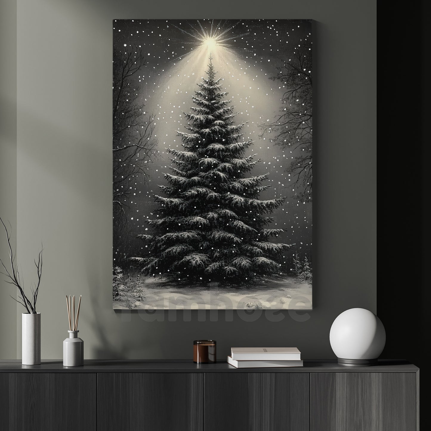 Christmas Pine Tree Canvas Painting, Enchanted Snowy Evergreen Wall Art Decor, Xmas Poster Gift For Pine Tree Lovers