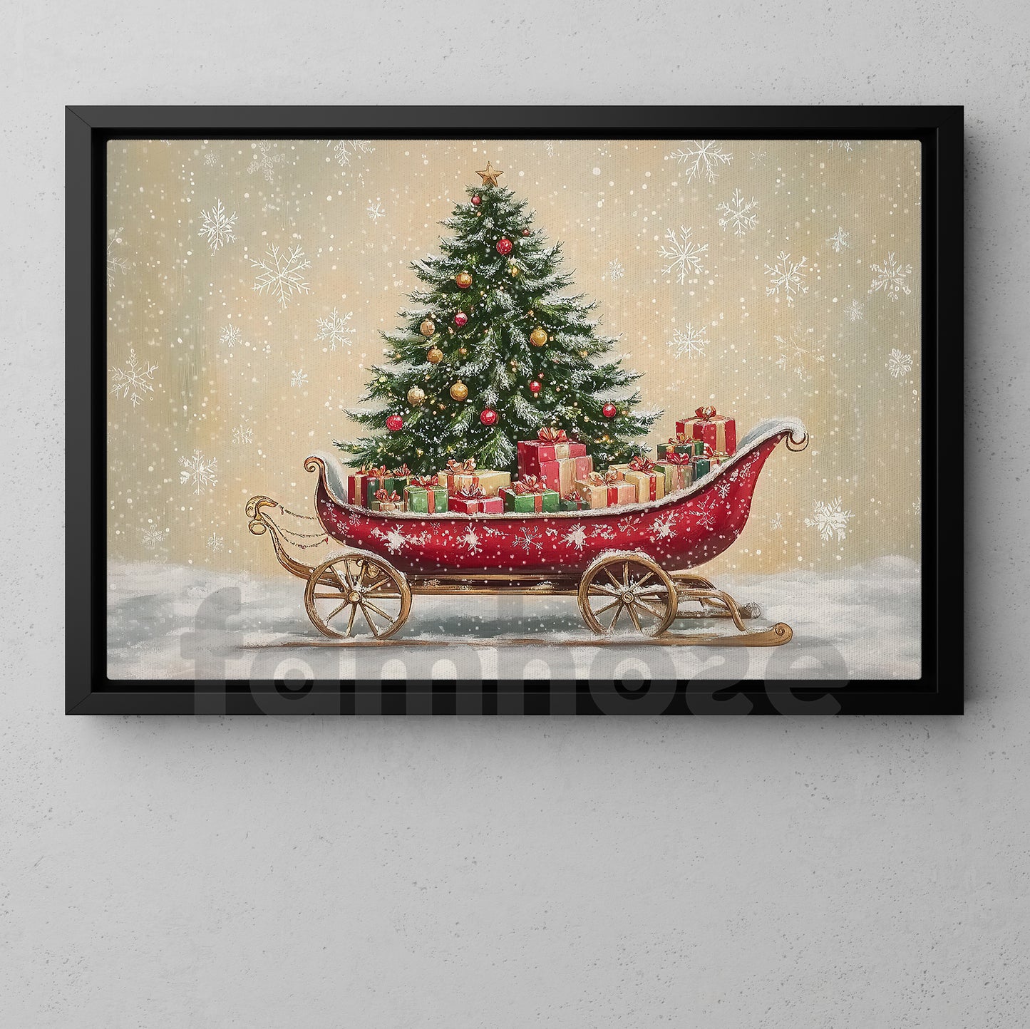 Christmas Canvas Painting, Festive Santa Sleigh Wall Art Decor, Xmas Poster Gift