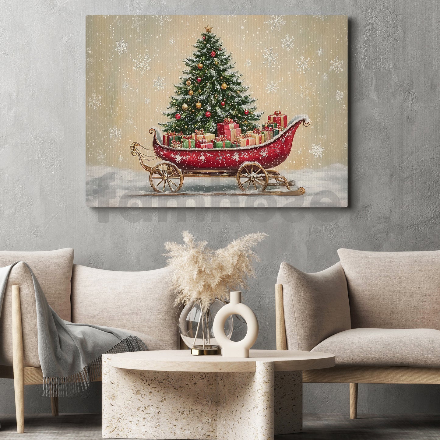 Christmas Canvas Painting, Festive Santa Sleigh Wall Art Decor, Xmas Poster Gift