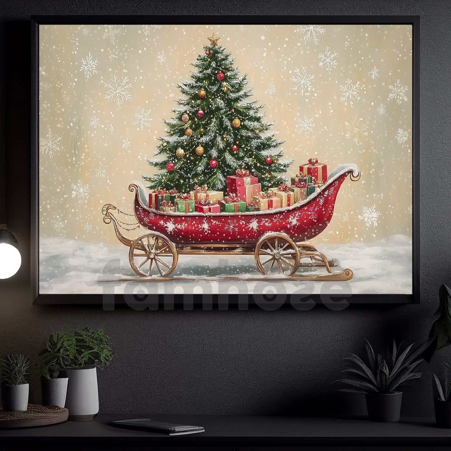Christmas Canvas Painting, Festive Santa Sleigh Wall Art Decor, Xmas Poster Gift