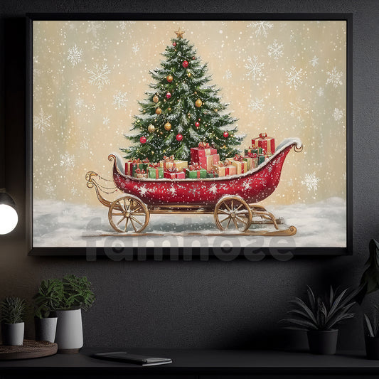 Christmas Canvas Painting, Festive Santa Sleigh Wall Art Decor, Xmas Poster Gift