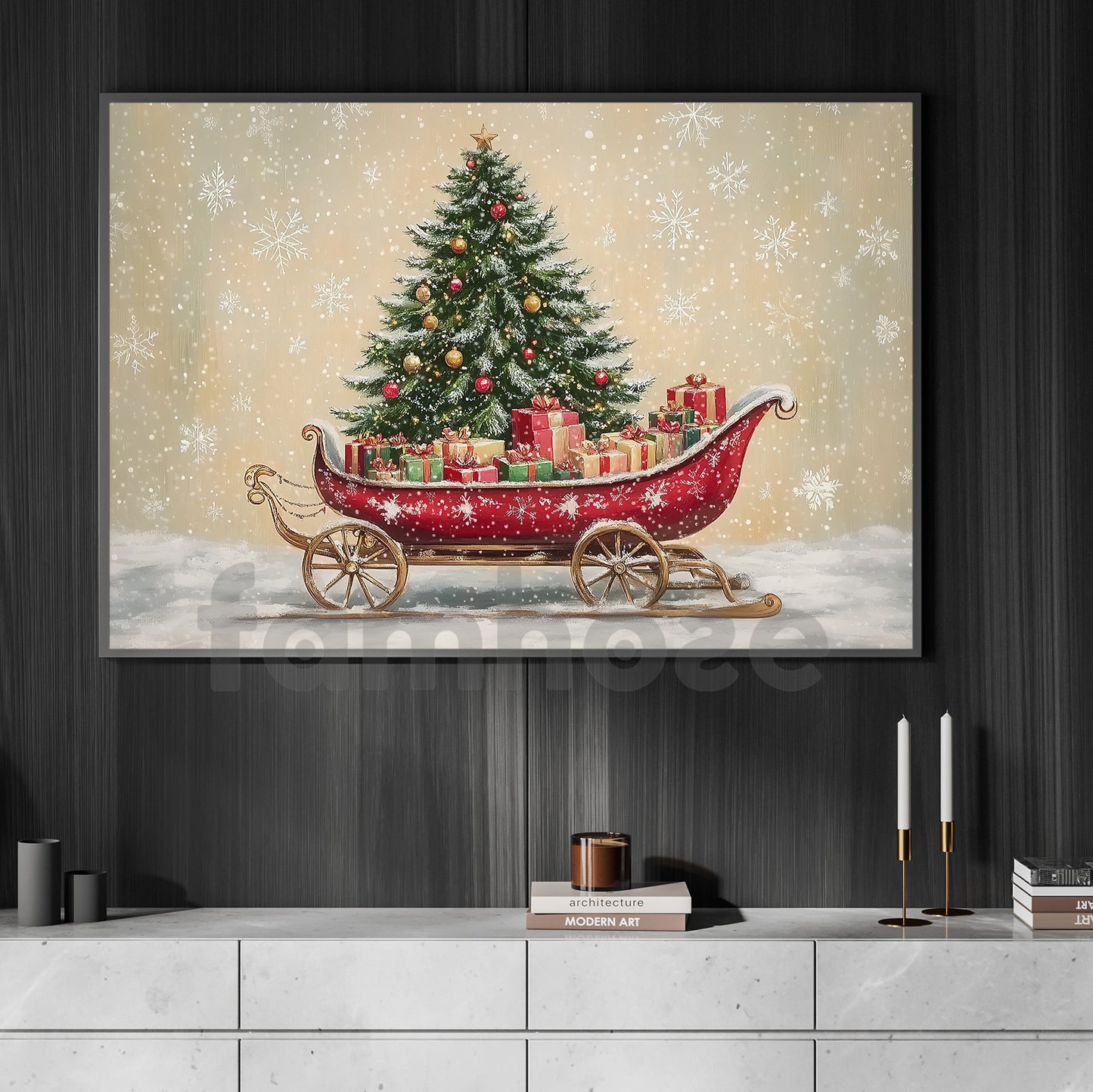 Christmas Canvas Painting, Festive Santa Sleigh Wall Art Decor, Xmas Poster Gift