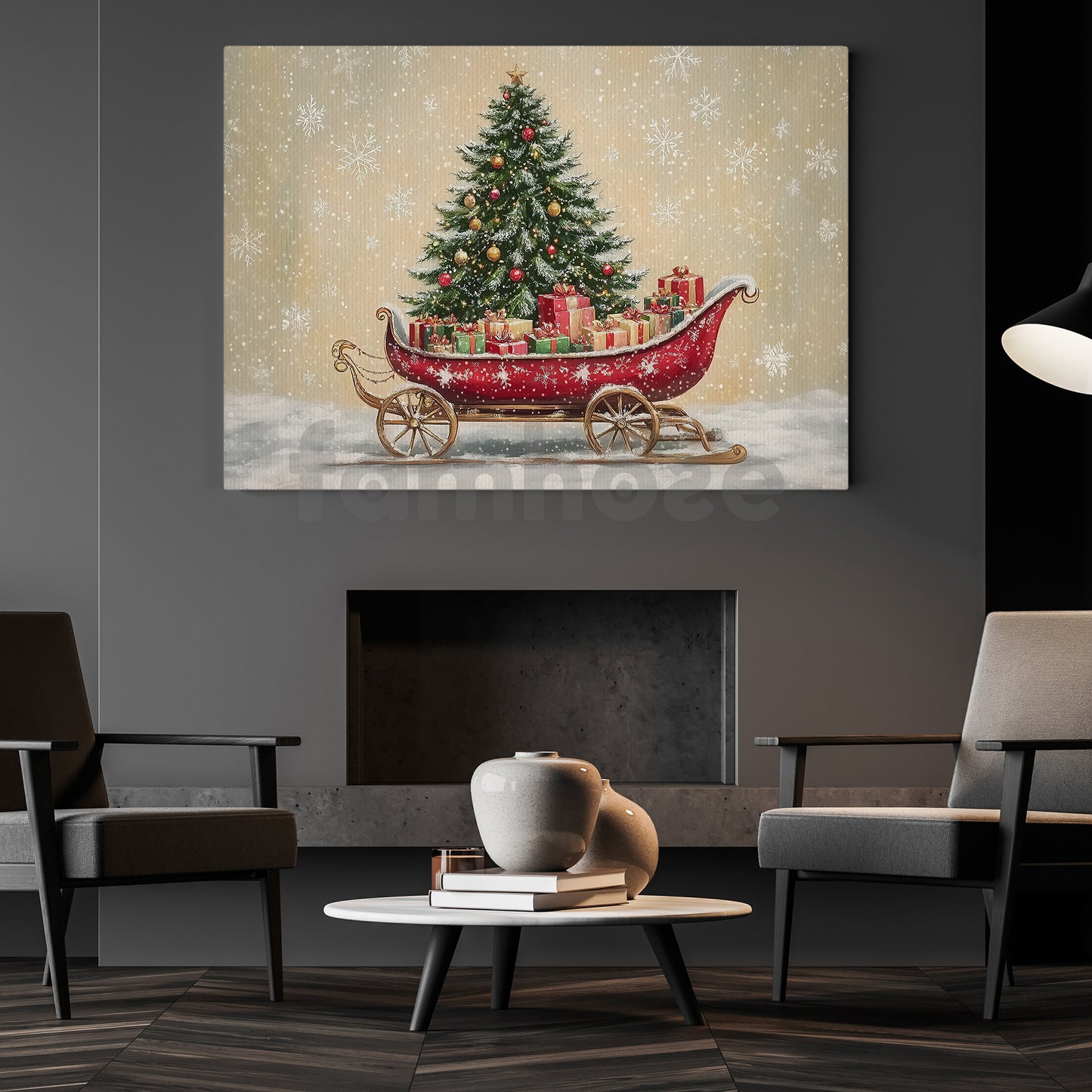 Christmas Canvas Painting, Festive Santa Sleigh Wall Art Decor, Xmas Poster Gift