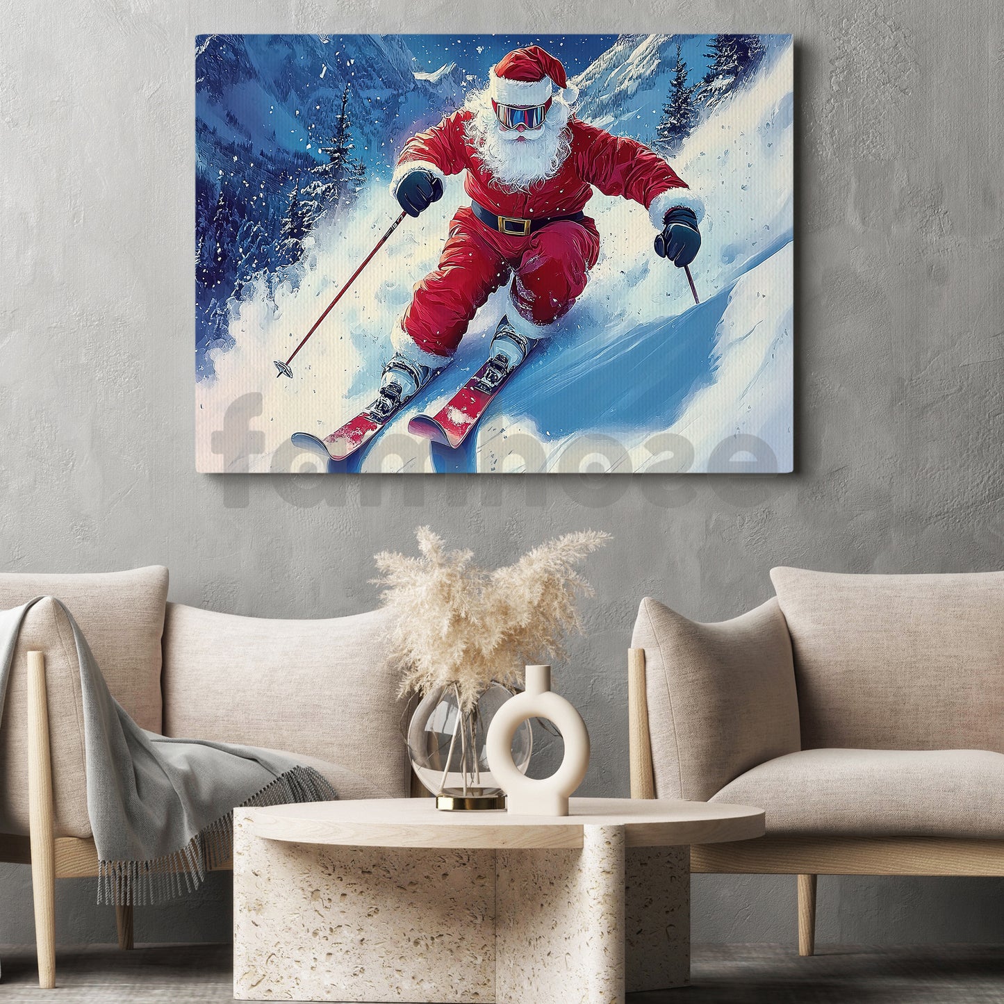 Christmas Skiing Canvas Painting, Santa Claus Skiing Wall Art Decor, Xmas Poster Gift For Skiing Lovers