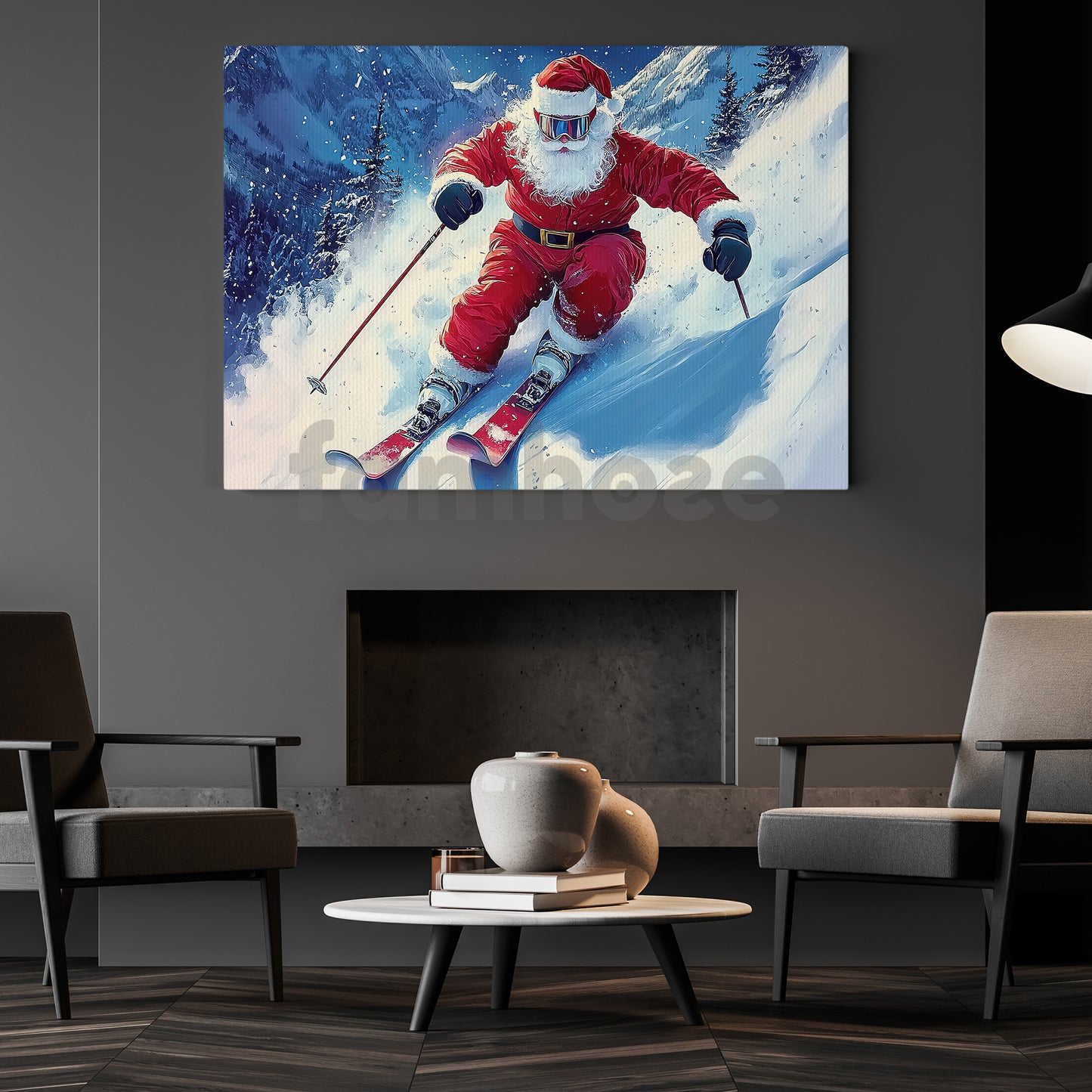 Christmas Skiing Canvas Painting, Santa Claus Skiing Wall Art Decor, Xmas Poster Gift For Skiing Lovers