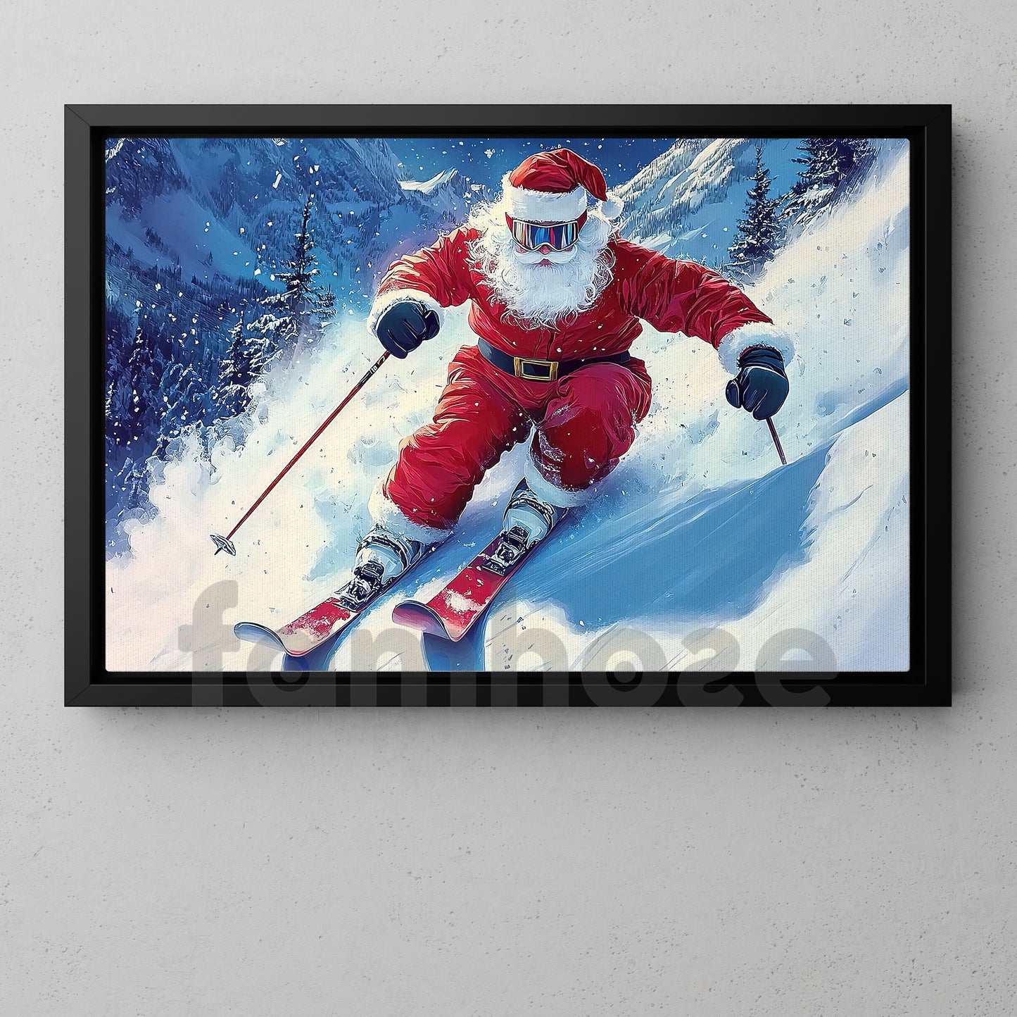 Christmas Skiing Canvas Painting, Santa Claus Skiing Wall Art Decor, Xmas Poster Gift For Skiing Lovers