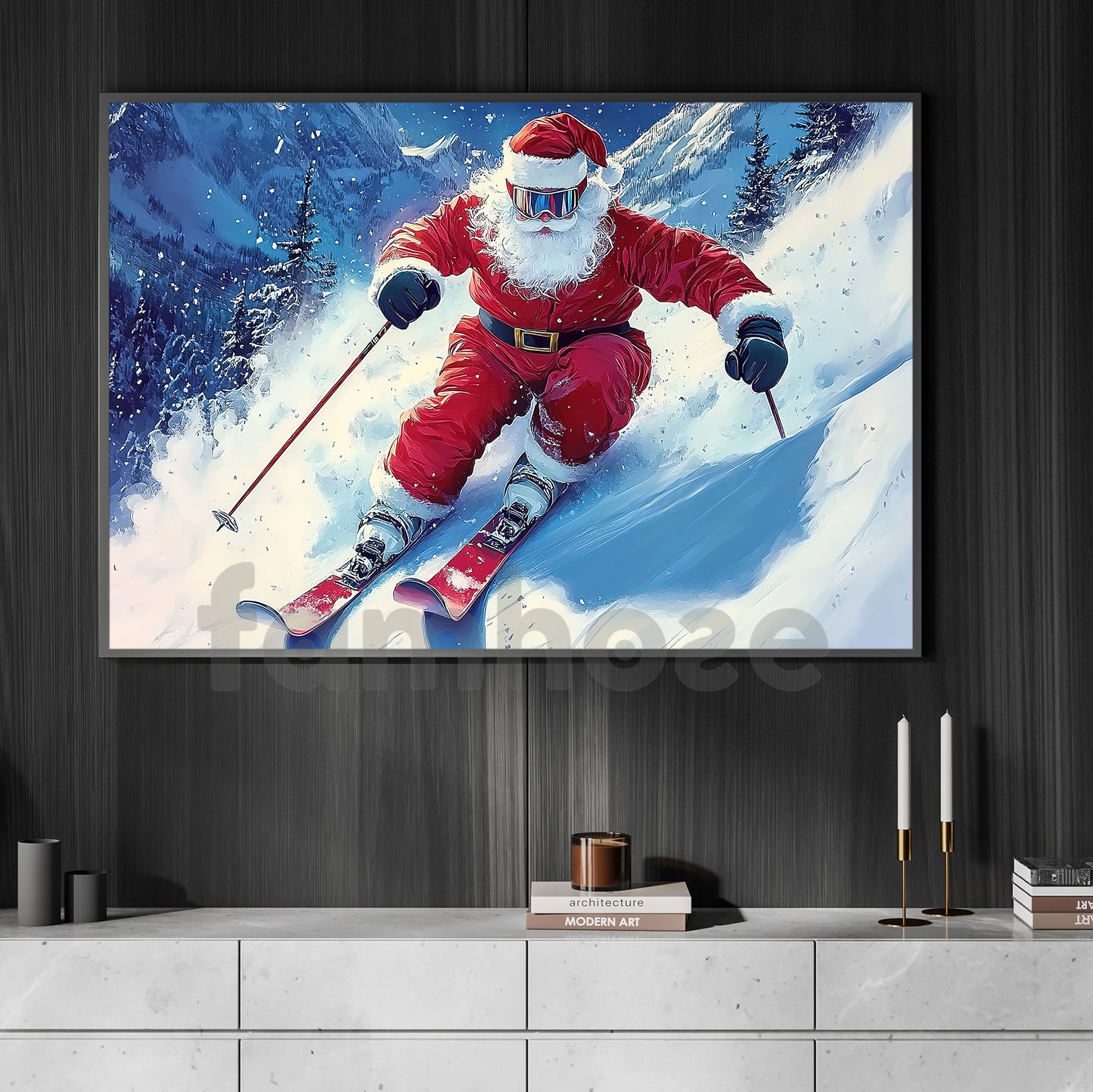 Christmas Skiing Canvas Painting, Santa Claus Skiing Wall Art Decor, Xmas Poster Gift For Skiing Lovers