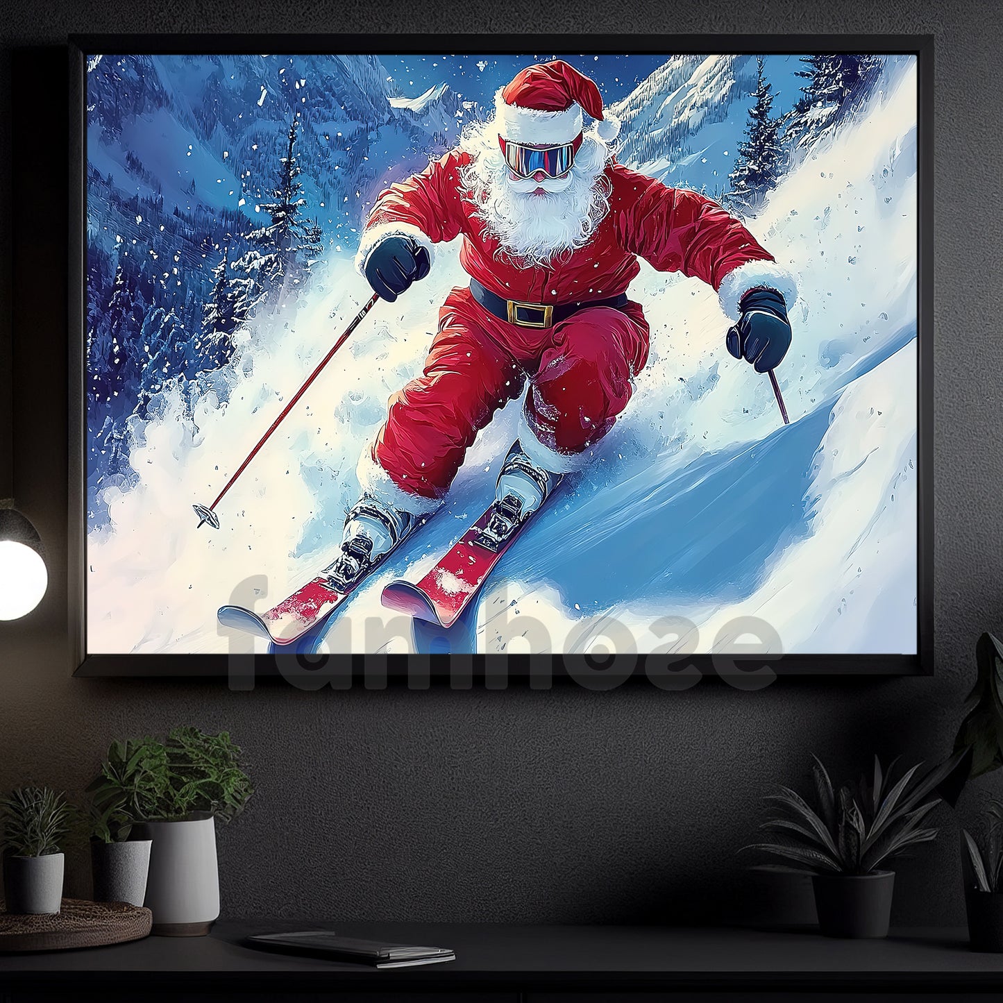 Christmas Skiing Canvas Painting, Santa Claus Skiing Wall Art Decor, Xmas Poster Gift For Skiing Lovers