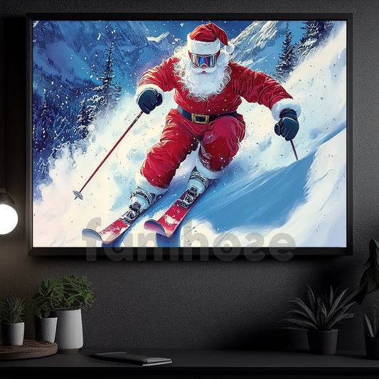 Christmas Skiing Canvas Painting, Santa Claus Skiing Wall Art Decor, Xmas Poster Gift For Skiing Lovers