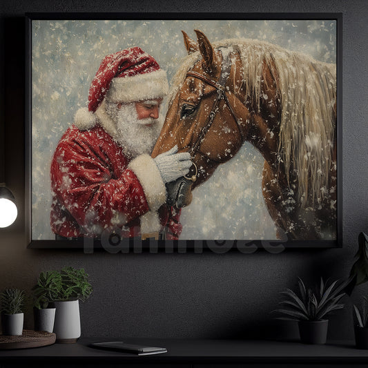 Christmas Horse Canvas Painting, Rustic Santa And Horse Wall Art Decor, Xmas Poster Gift For Horse Lovers