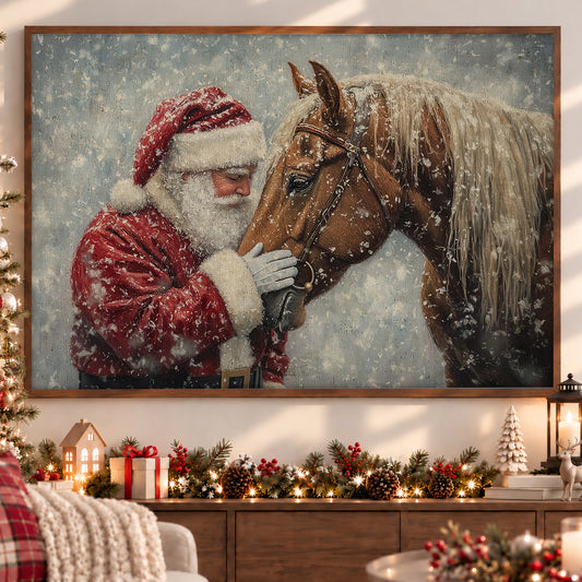 Christmas Horse Canvas Painting, Rustic Santa And Horse Wall Art Decor, Xmas Poster Gift For Horse Lovers