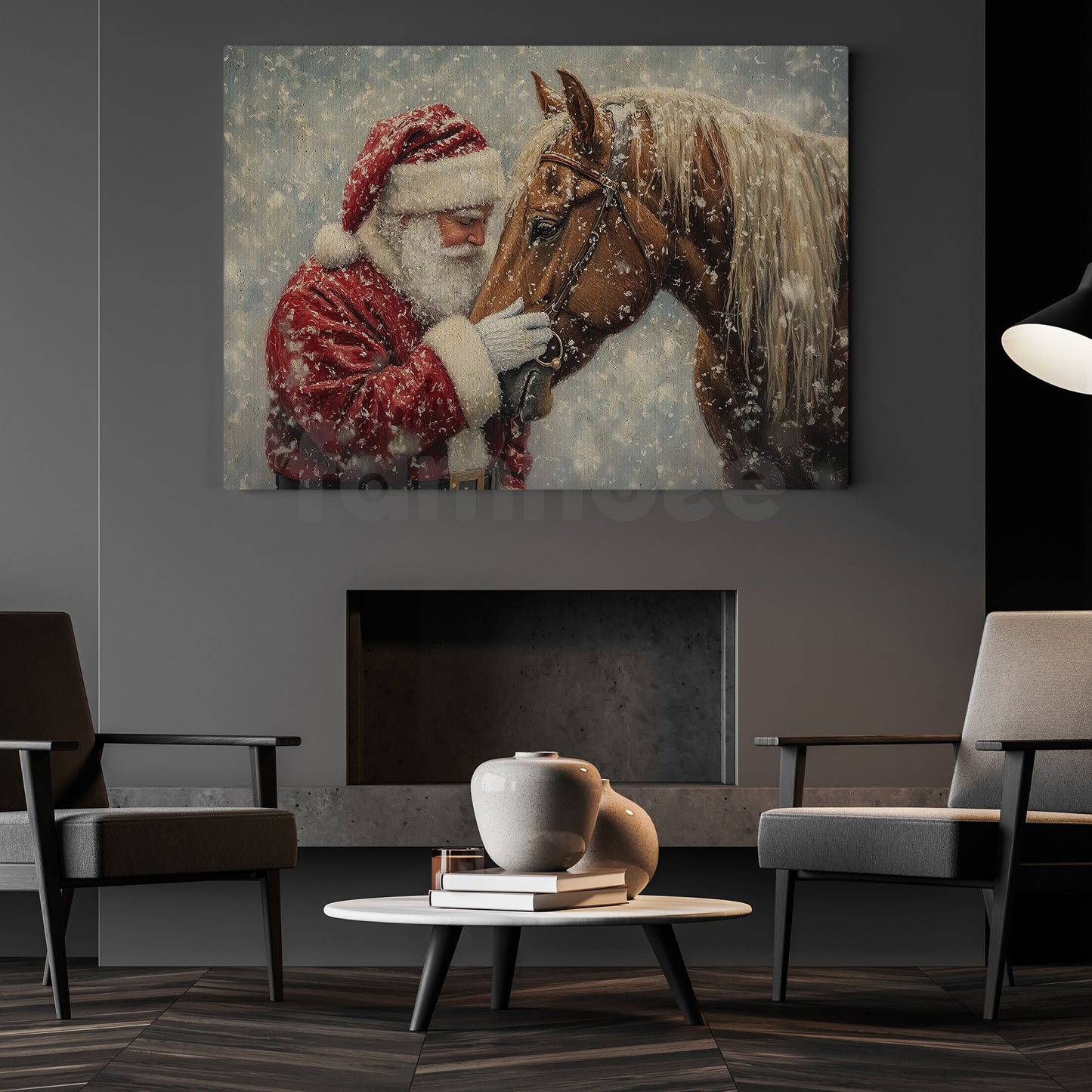 Christmas Horse Canvas Painting, Rustic Santa And Horse Wall Art Decor, Xmas Poster Gift For Horse Lovers