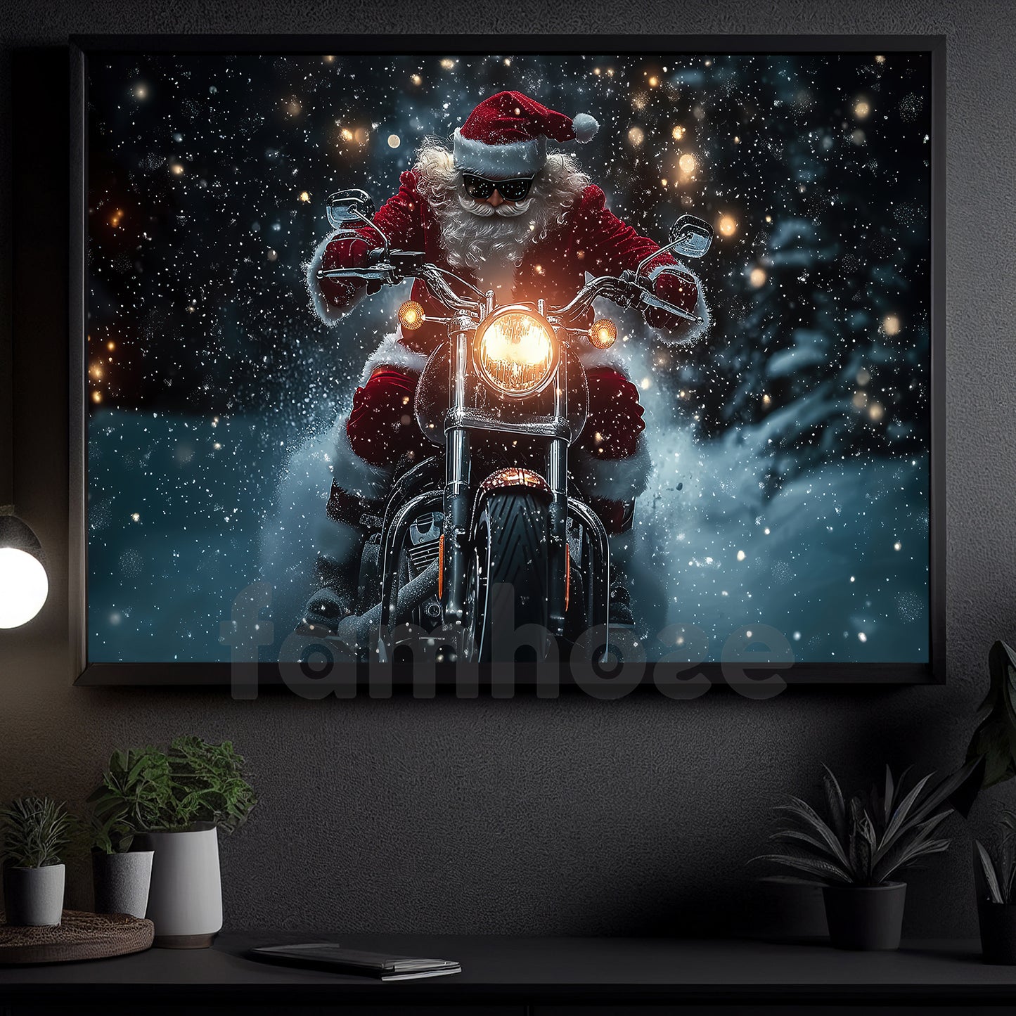 Christmas Biker Canvas Painting, Santa Claus Cross The Dark Wall Art Decor, Xmas Poster Gift For Motorcycle Lovers