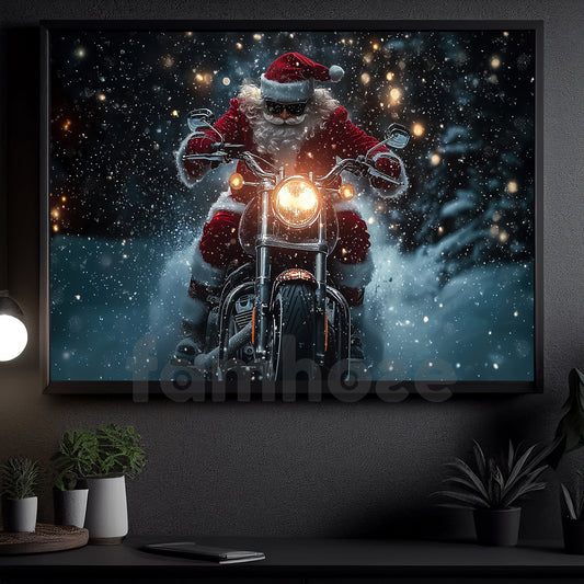 Christmas Biker Canvas Painting, Santa Claus Cross The Dark Wall Art Decor, Xmas Poster Gift For Motorcycle Lovers