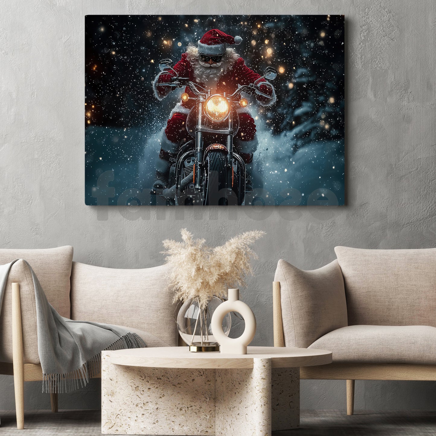 Christmas Biker Canvas Painting, Santa Claus Cross The Dark Wall Art Decor, Xmas Poster Gift For Motorcycle Lovers