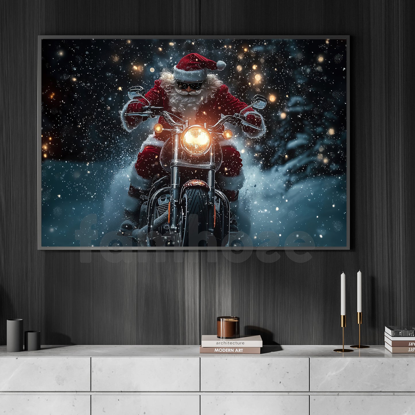 Christmas Biker Canvas Painting, Santa Claus Cross The Dark Wall Art Decor, Xmas Poster Gift For Motorcycle Lovers