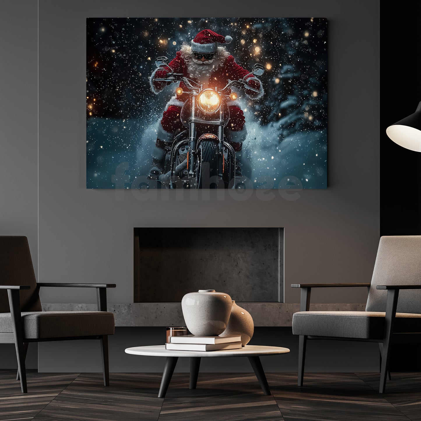 Christmas Biker Canvas Painting, Santa Claus Cross The Dark Wall Art Decor, Xmas Poster Gift For Motorcycle Lovers
