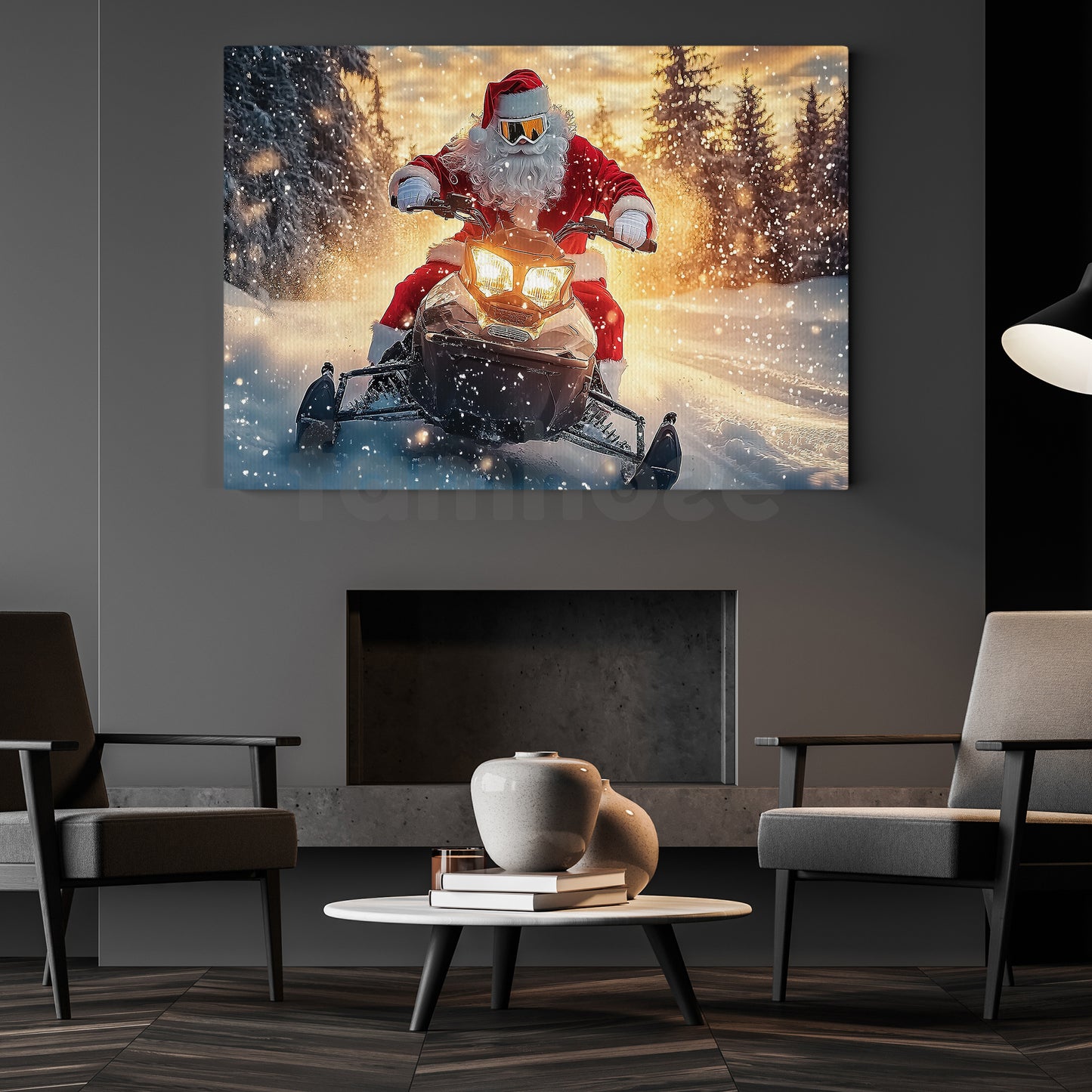 Christmas Snowmobiling Canvas Painting, Santa Claus Driving Snowmobile Wall Art Decor, Xmas Poster Gift For Snowmobiling Lovers