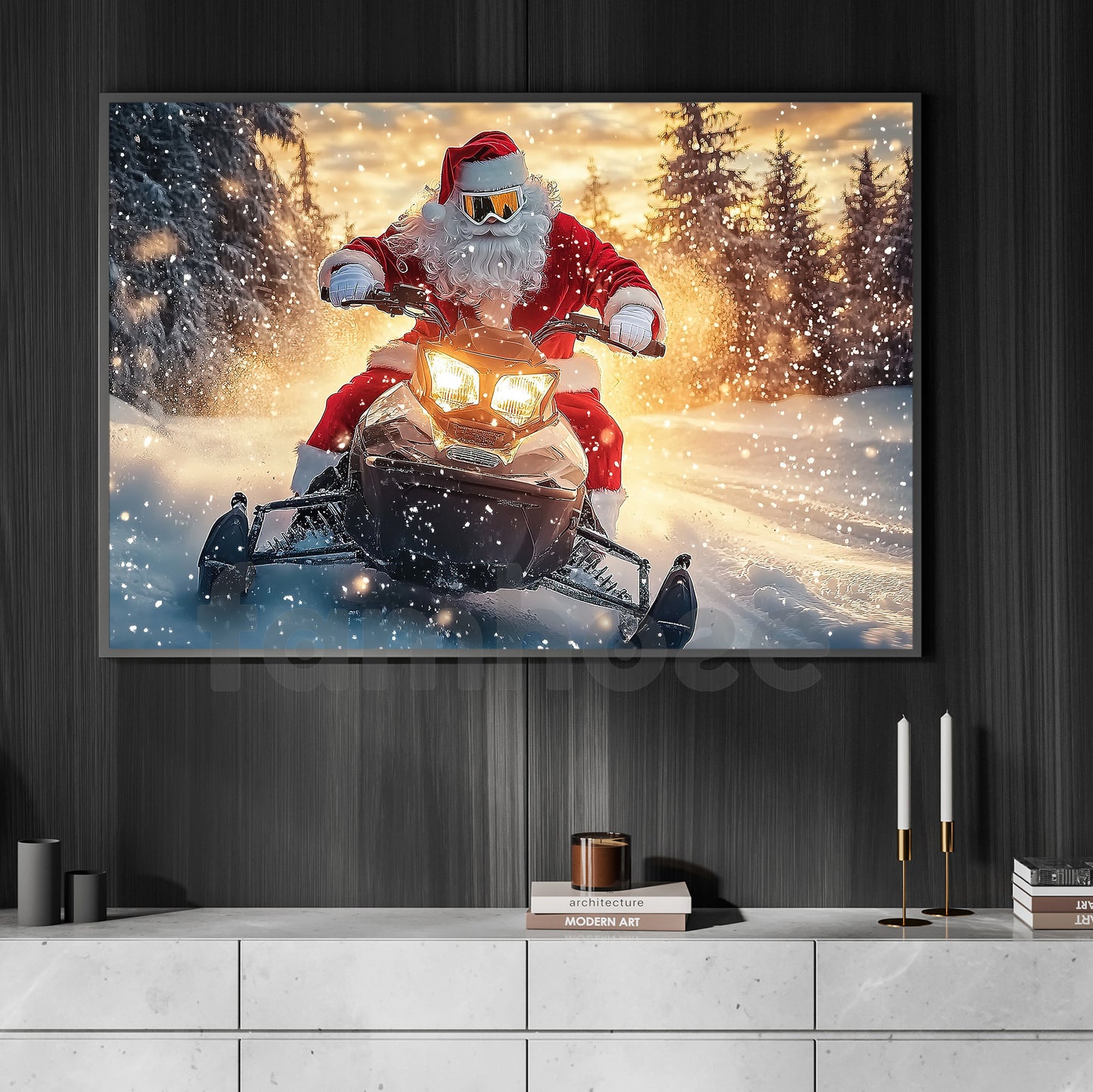 Christmas Snowmobiling Canvas Painting, Santa Claus Driving Snowmobile Wall Art Decor, Xmas Poster Gift For Snowmobiling Lovers