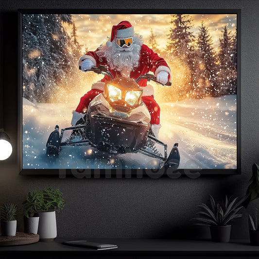Christmas Snowmobiling Canvas Painting, Santa Claus Driving Snowmobile Wall Art Decor, Xmas Poster Gift For Snowmobiling Lovers