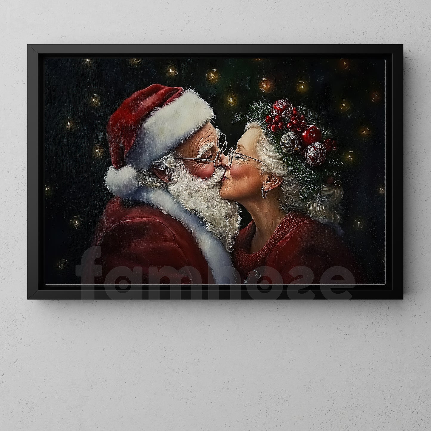 Christmas Couple Canvas Painting, Santa Claus And His Lover Wall Art Decor, Xmas Poster Gift To Decor House Or Office